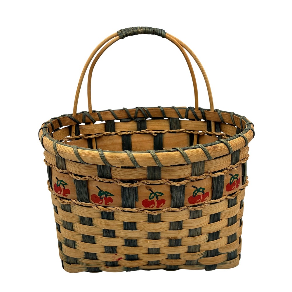 Handcrafted Woven Wood Cherry Print Basket Dual Handle Farmhouse Storage 10x7x6